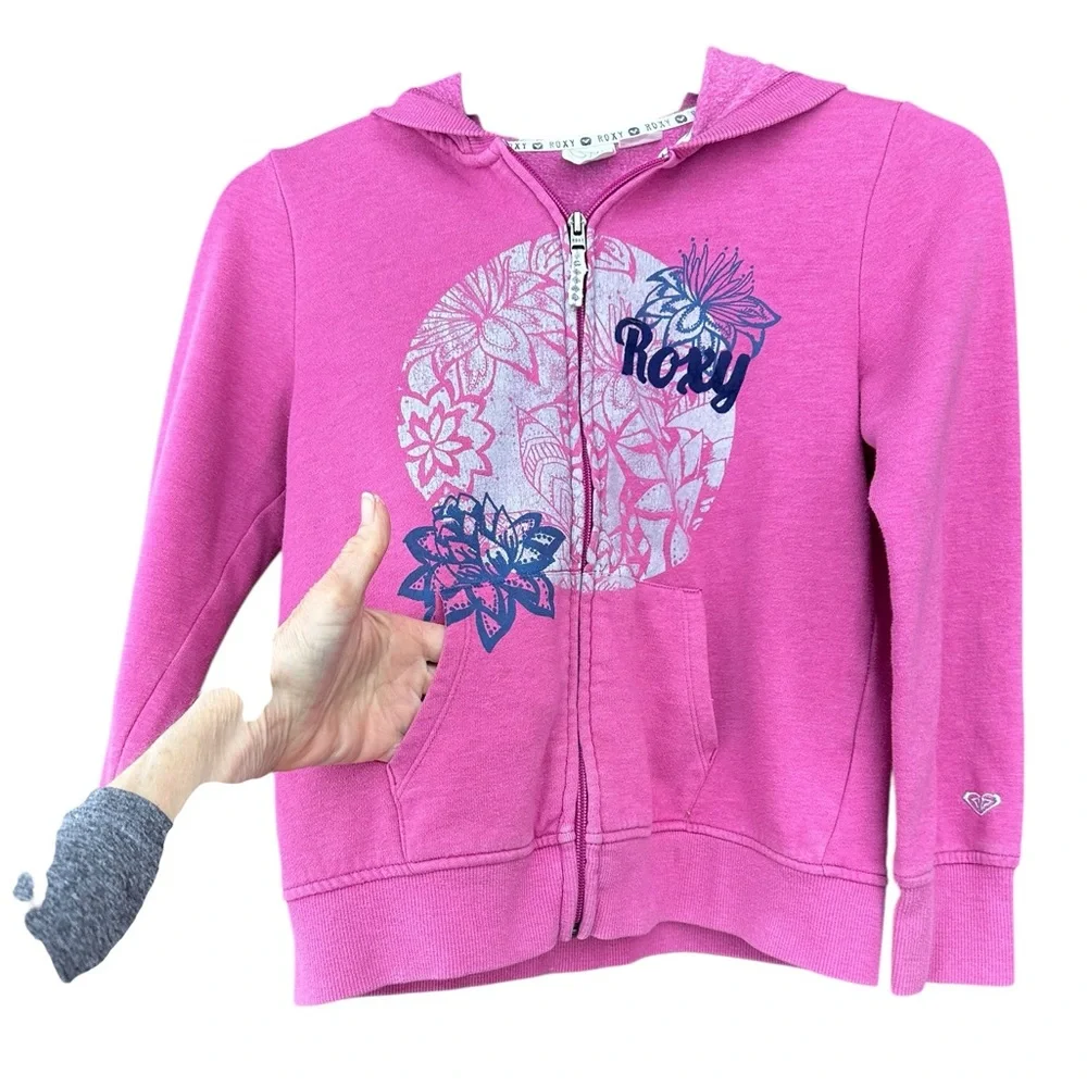 Y2K Roxy Girl 10-12 Youth Zip Hoodie Pink Surf Skate Graphic Boxy Sweatshirt